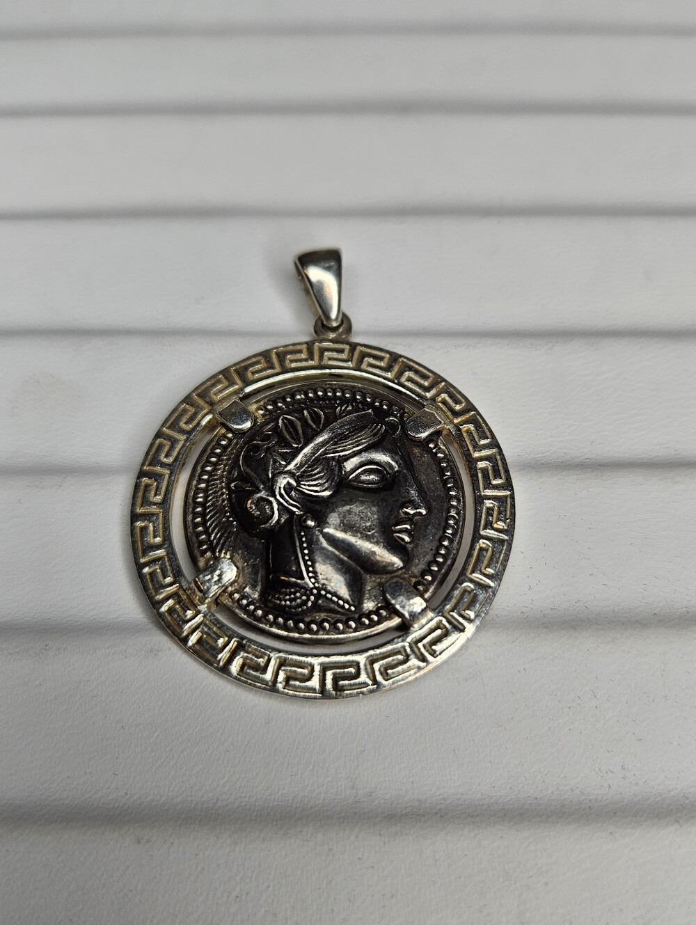 Sterling Athena Greek Goddess Coin Medallion Pendant Greek Key Border